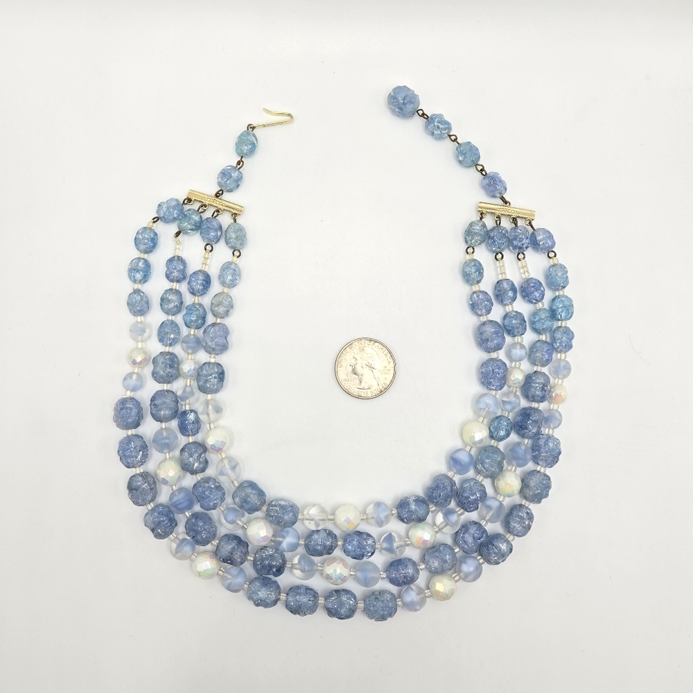 West Germany Beaded Necklace Givre Frosted Milk Glass Aurora Borealis AB Vintage - Picture 4 of 5